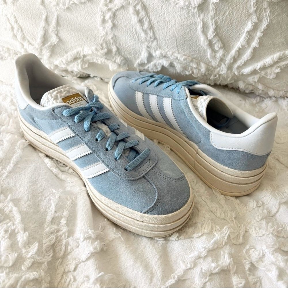 adidas Women's Blue and White Sneakers platform gazelle